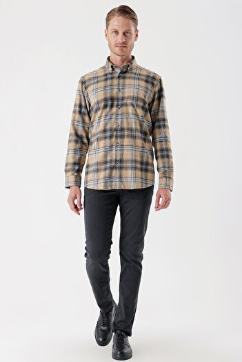 İmza Hardal Uzun Kollu Ekoseli Gabardin Sert Yaka Cepli Garnili Casual Comfort Fit Gömlek 1004235112