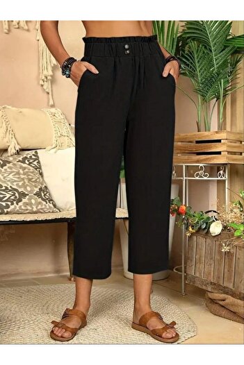 merysare Linen Fabric - Women's Trousers with Button Detail and Elastic Waist (Coloured)