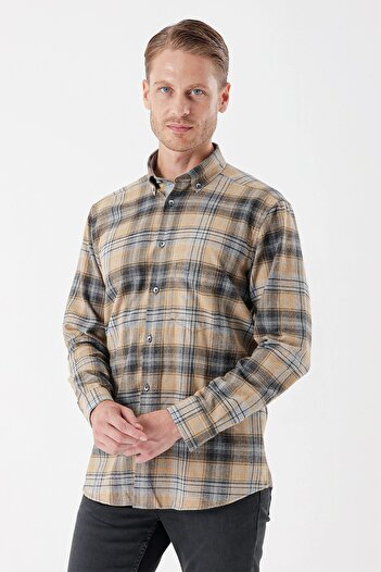 İmza Hardal Uzun Kollu Ekoseli Gabardin Sert Yaka Cepli Garnili Casual Comfort Fit Gömlek 1004235112