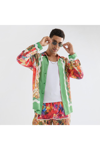 FAV Regular Fit All-Over Print Shirt with Camp Collar and Long Sleeves
