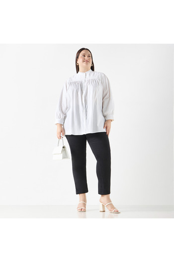 Ulla Popken Plus Size Ulla Popken Embellished Shirt with Mandarin Collar and Long Sleeves
