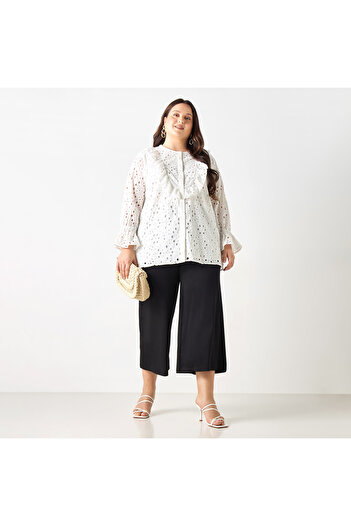 Ulla Popken Plus Size Ulla Popken All-Over Embroidered Top with Ruffles and Bell Sleeves