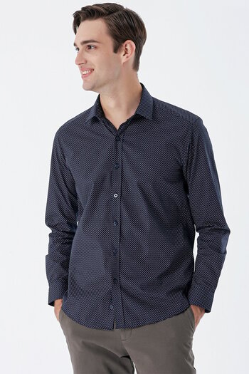 İmza Cămașă slim fit, cu mânecă lungă, cu imprimeu, albastru bleumarin, guler solid, fără buzunar, din bumbac 1004235146