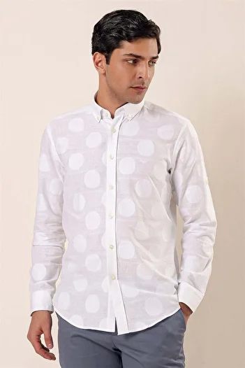 İmza White Short-Sleeved Patterned Jacquard-Free 100% Cotton Casual Slim Fit Shirt1004230183