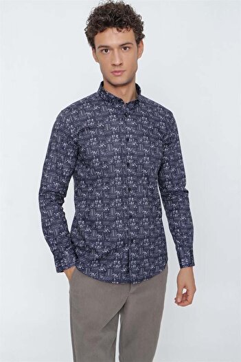 İmza Темно-синя довга рукава з принтом бавовняна лікра Slim Fit вузький крій класична сорочка 1004225159