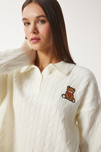 Lovelyİstanbul Teddy Bear Embroidered Polo Collar Knitwear Sweater Bone Lzh0009