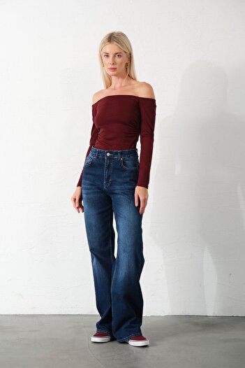 Maule Koyu Mavi Üksek Bel, Esnek Denim Kumaş Geniş Paça Palazzo Kadın Kot Jean Pantolon @cesena