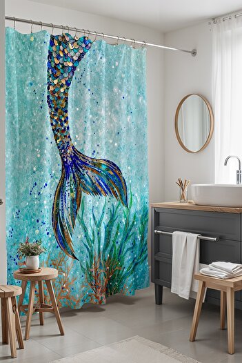 EVPANYA Banyo Perdesi, Lacivert Altın Pullu Deniz Kızı Kuyruğu Desenli Duş Perdesi, Küvet Perdesi 175x200cm