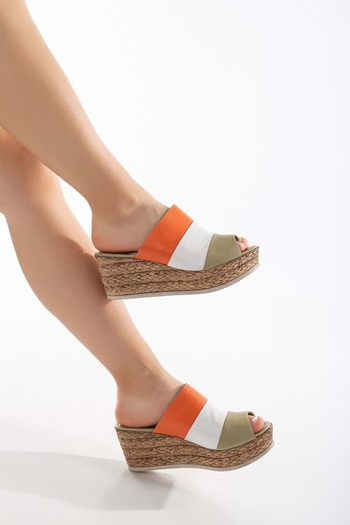 ANALİN SHOES Green/White/Orange Genuine Leather Women's Wedge Heel Slippers
