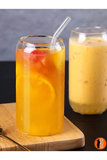 ERKUGO 6 Pieces Thick and Large Size Glass Straws, Curved Transparent Glass Straw Set with Cleaning Brush Gift