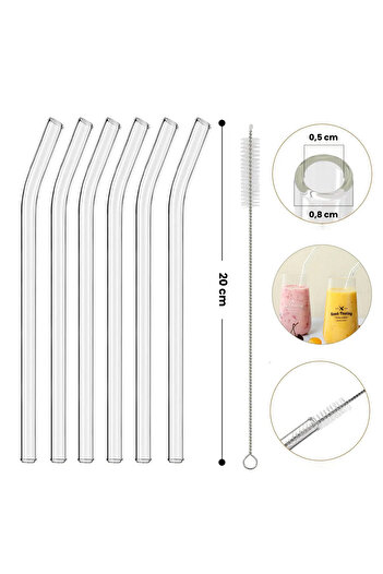 ERKUGO 6 Pieces Thick and Large Size Glass Straws, Curved Transparent Glass Straw Set with Cleaning Brush Gift
