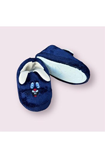 İpek Silk Children's Navy Blue Rabbit Non-Slip Base Plush Fluffy Slippers