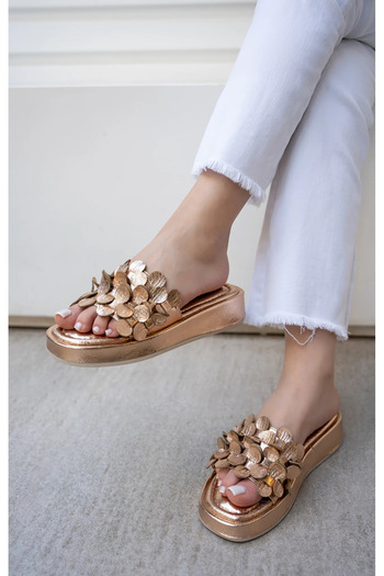 LAMİNTA Bronze Tassel Detailed 4cm Thick Sole Women's Slippers