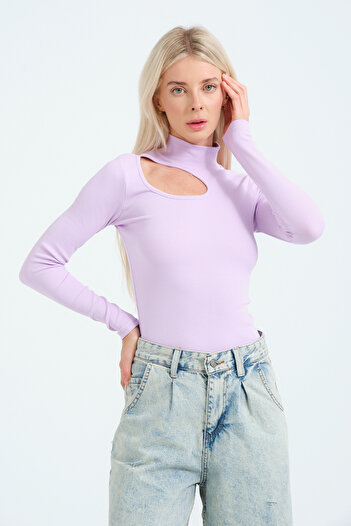 PUNKY CAT Women's Lilac Cut Out Detailed Turtleneck Ribbed Knitted Blouse
