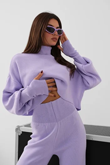 4S1B FASHION Lila kötöttáru szett - hosszú ujjú, garbós pulóver és magas derekú kötöttáru nadrág 015