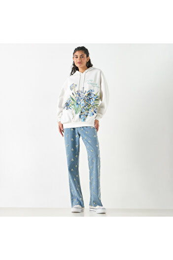 SP Characters Floral Print Oversized Hooded Sweatshirt With Long Sleeves