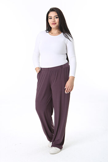 Şans Large Size Lycra Plum Jersey Trousers - Elastic Waist, Side Pocket 65N38465