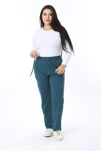 Şans Green Cotton Large Size Sweatpants - Eyelet and Lacing Detail 65N38470