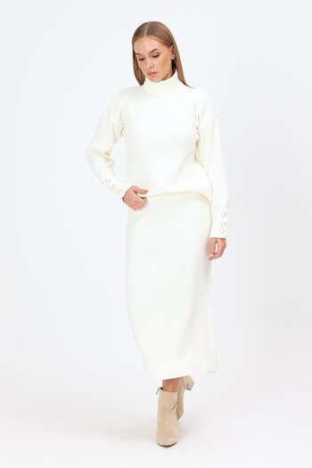 ihraç pazarı Thick Turtleneck Sleeve Button Detail Sweater and Slit-Free Rubber Waist Skirt Knitwear Set
