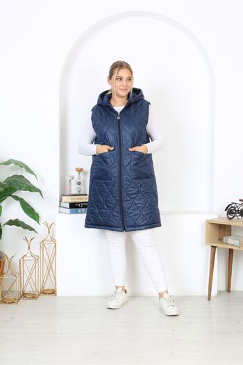Şans Women's Large Size Navy Blue Hooded Long Vest with Quilted Pockets 65N38334