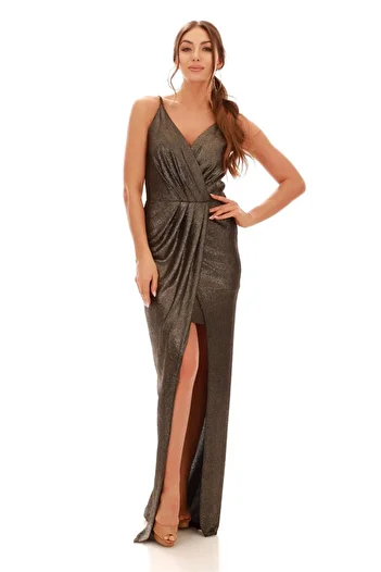 Carmen Copper Lacquered Chiffon Double Breasted Slit Evening Dress