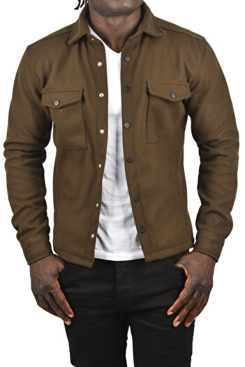 DeepSEA Men's Khaki Slim Fit Pockets Covered Snap Fastener Thin Stamp Jacket Coat 2500559