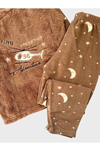 Fil Kids Boy's Brown Helicopter and Night Theme Patterned Long Sleeve Winter Fleece Pajamas Set