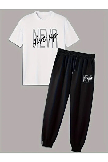 HOFFNUNG Never Printed T-Shirt - Jogger T-Shirt Crew Neck Bottom Top Tracksuit Set