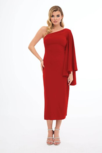Carmen Red One Sleeve Side Slit Crepe Evening Dress