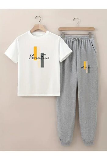 HOFFNUNG Main Time Printed T-Shirt - Jogger T-Shirt Crew Neck Bottom Top Tracksuit Set