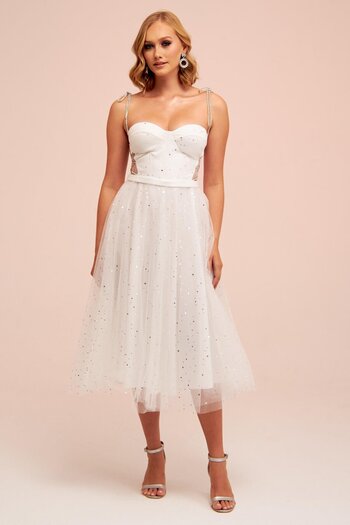 Carmen Ecru Tulle Strap Starry Princess Midi Wedding Dress