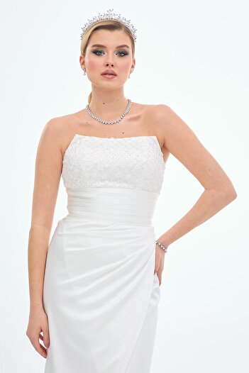 Carmen Ecru Strapless Slit Satin Wedding Dress