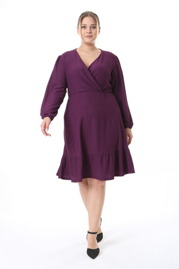 Madwilo Women's Purple Double Breasted Collar Ruffle Detail Plus Size Dress
