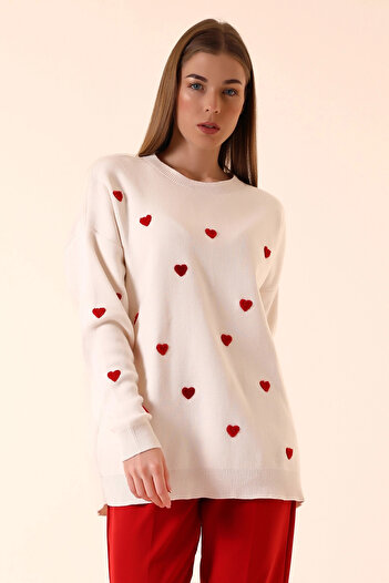 bacc Women's Ecru Crew Neck Heart Patterned Winter Knitwear Sweater Bcvl-T 243150