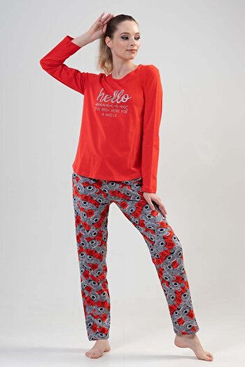 VİENETTA Vienetta Women's Red Long Sleeve Pajama Set