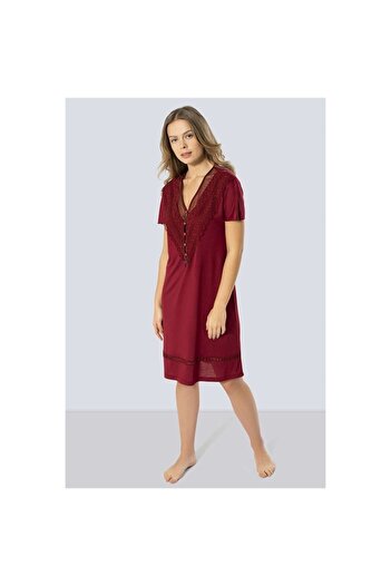 TÜREN 3282 Νυχτικό με λαιμόκοψη V με κορδόνι - Claret Red