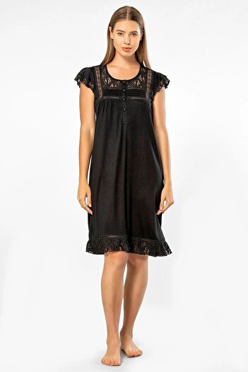 TÜREN 3284 Women's Short Sleeve Lace Nightgown-Black