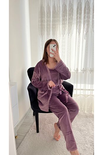 Lena Homewears Set pijamale de damă cu lenjerie de corp liliac și halat de catifea