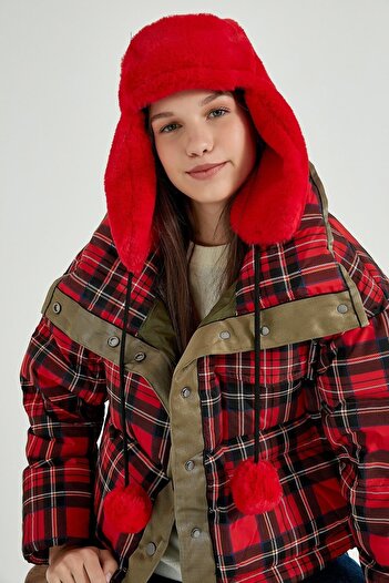 MARBERRY Red Pilot Hat Beanie with Furry Headphones