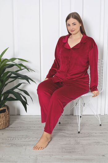 Asel Plus Size Buttoned Velvet Pajama Set