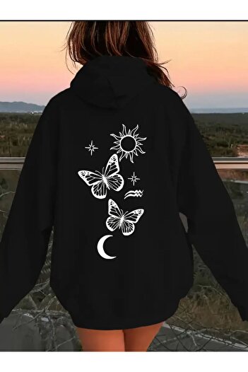 caddekombin Суитшърт с качулка и джоб с 2 нишки с щампа Sun Butterfly Moon