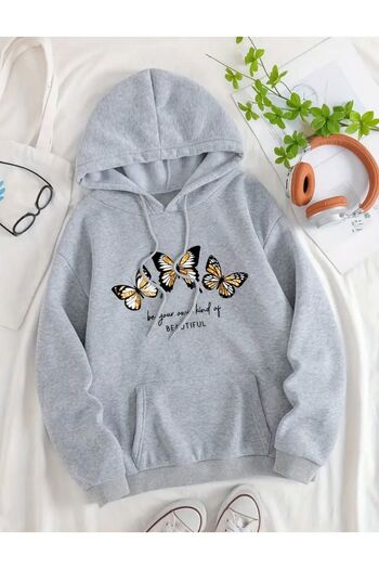 caddekombin 3 Butterfly Patterned 2 Thread Ribbed Hooded Pocket Cotton Sweatshirt