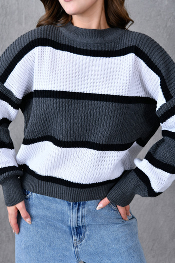 vuvutasarım Gray Striped Knitwear Hijab Sweater - Low Long Sleeve, Crew Neck 6500