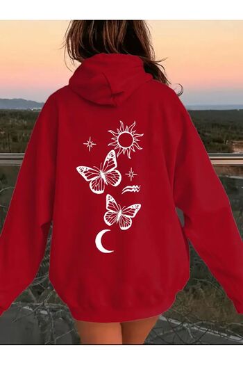 caddekombin Sun Butterfly Moon Printed Hooded Pocket 2 Thread Raised Wool Inside Sweatshirt