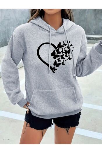 caddekombin Half Heart Butterfly 2 Thread Ribbed Hooded Pocket Wool Inside Sweatshirt