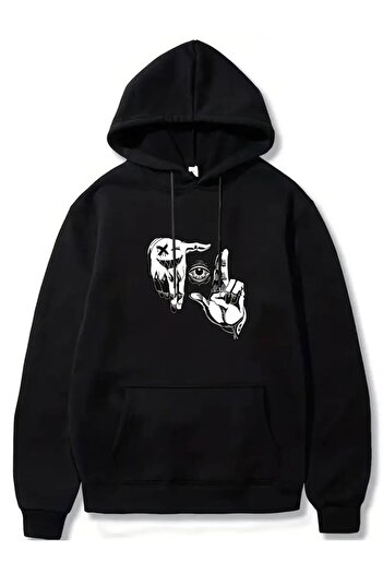 caddekombin Eye Patterned Hooded Pocket Ribbed 2 Thread Sweatshirt