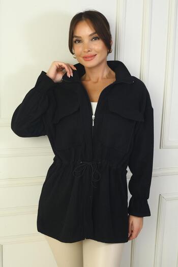 By Saygı Women's Front Zippered Waist and Cuffed Double Pocket Stamp Coat