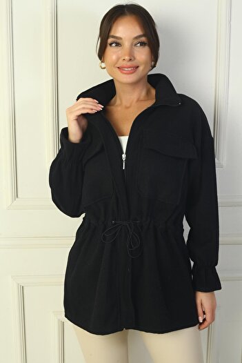 By Saygı Women's Front Zippered Waist and Cuffed Double Pocket Stamp Coat