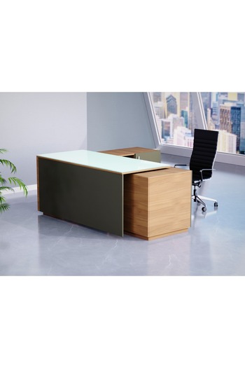 Mahmayi Natural Dijon Walnut and Grey GED-3 Glass Executive Desk 180 cm