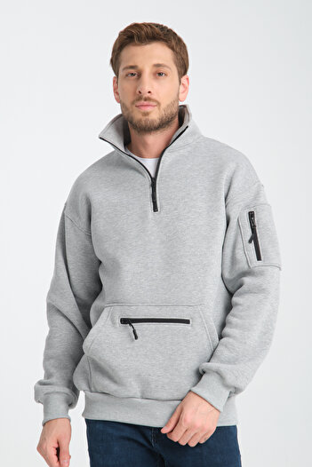 Store SİYAH UNİSEX OVERSİZE PAMUKLU İÇİ POLARLI DİK YAKA KANGURU 3 CEPLİ SWEAT